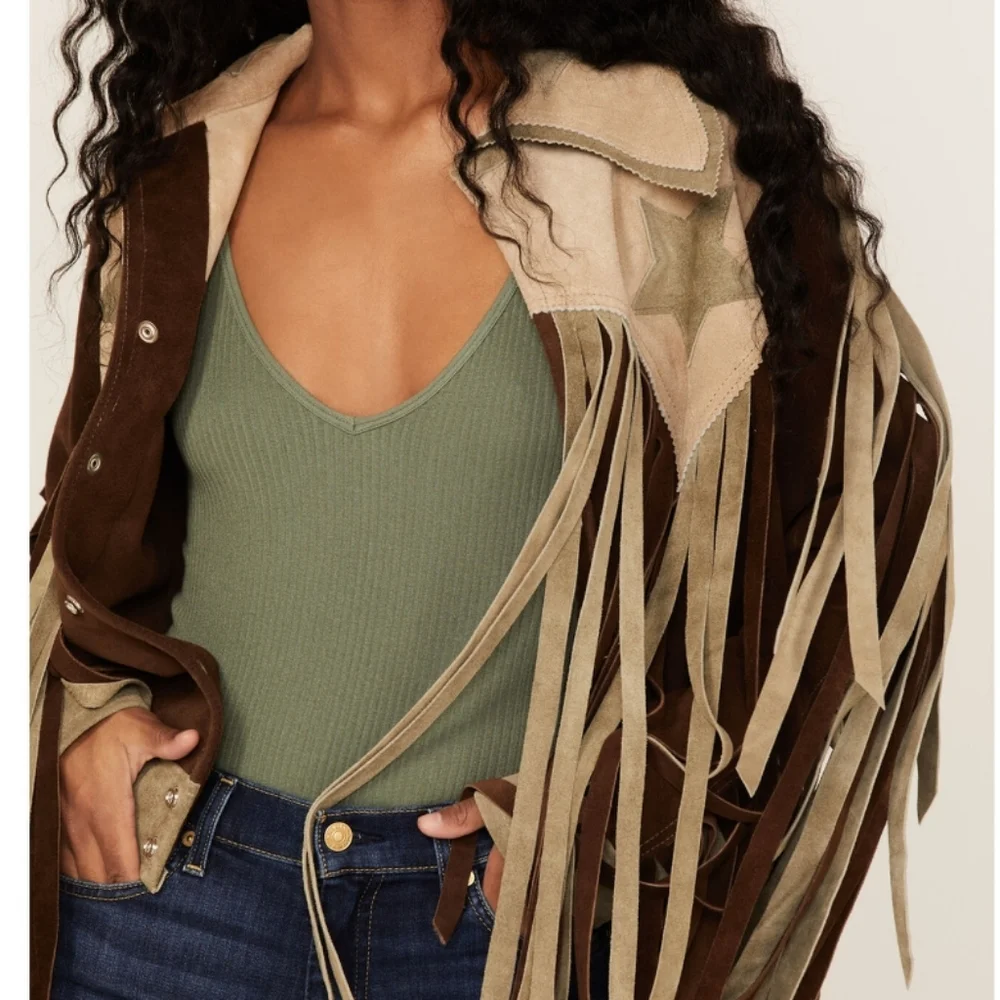 Vintage style leather fringe stars flag usa Americana jacket coat L free people - Picture 6 of 6